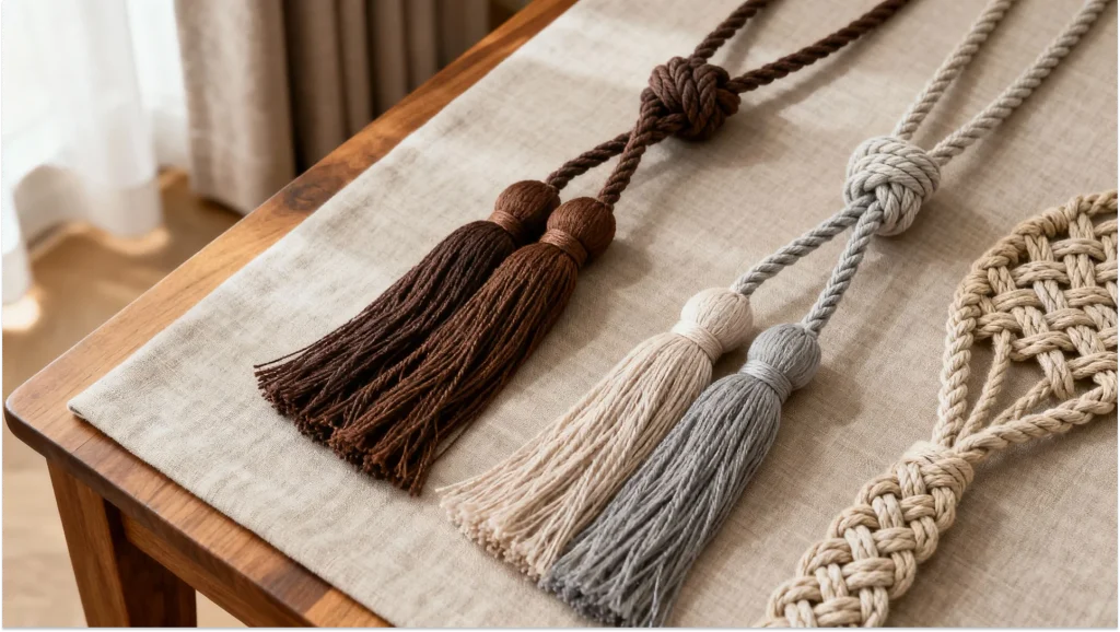 Elegant display of colorful curtain tassels, tiebacks, and decorative trims showcasing 2025 home textile color trends from warm neutrals to jewel tones - Mohit Handicrafts wholesale manufacturer