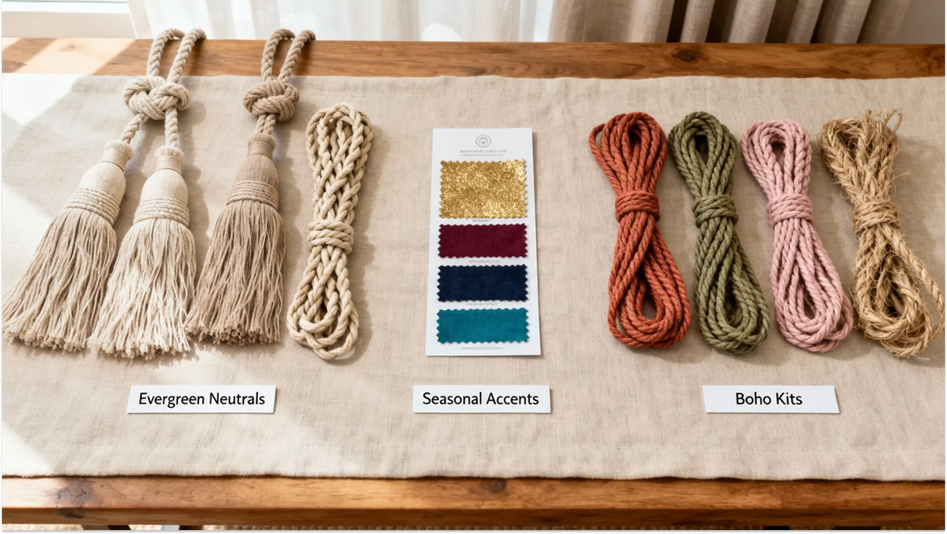 Color psychology guide showing warm, cool, and neutral color families in handcrafted curtain tiebacks and tassels for interior design applications - wholesale textile manufacturer