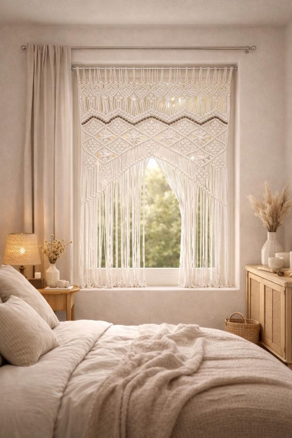 Handmade Cotton Macrame Curtain with Wooden Beads