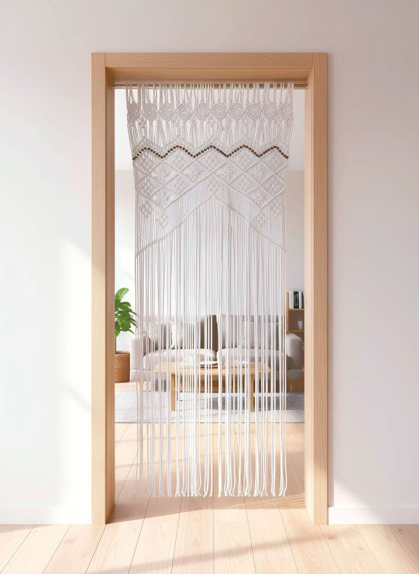 Handmade Cotton Macrame Curtain with Wooden Beads