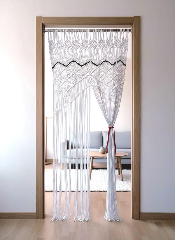 Handmade Cotton Macrame Curtain with Wooden Beads