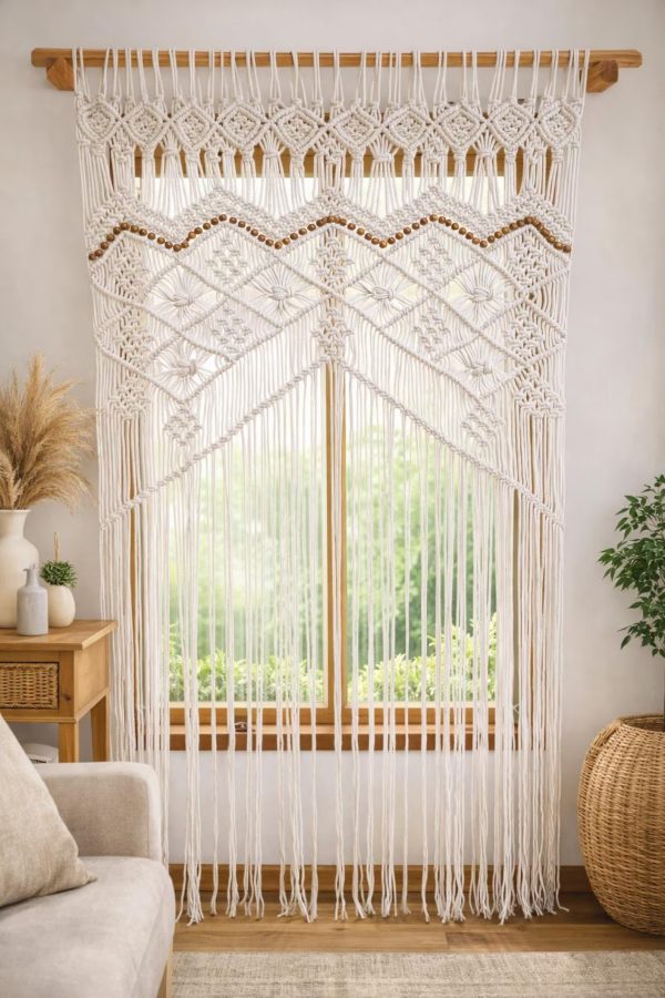 Handmade Cotton Macrame Curtain with Wooden Beads