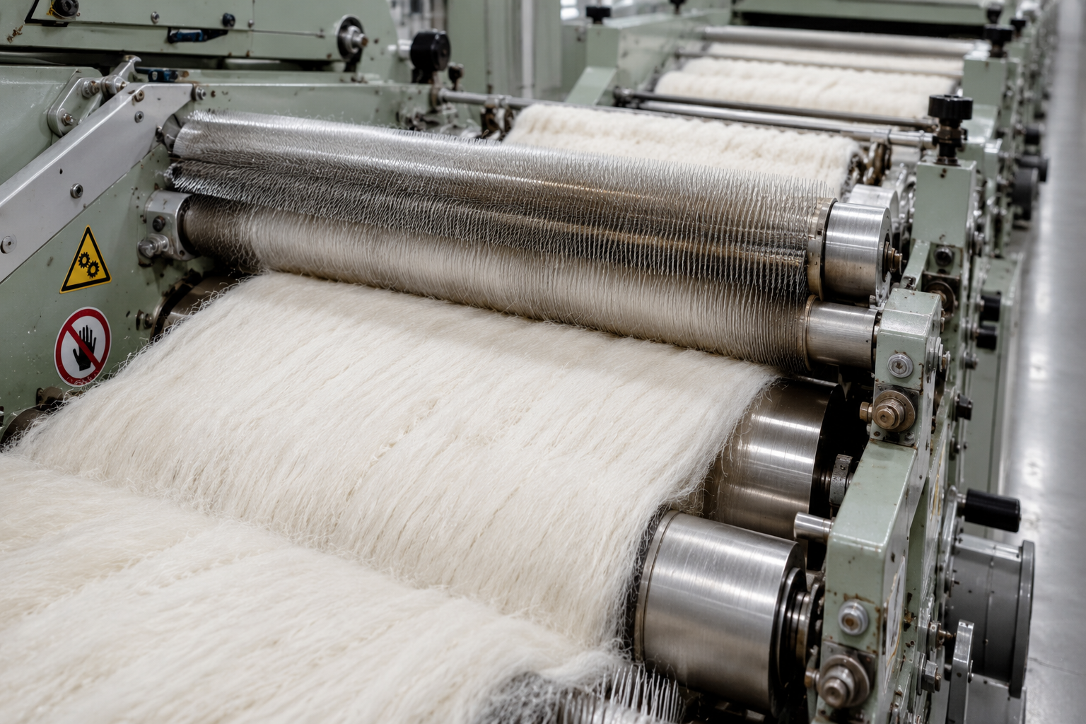 CardingThe Heart of Cotton Spinning Cotton fibers being aligned and transformed into slivers through a modern carding machine.