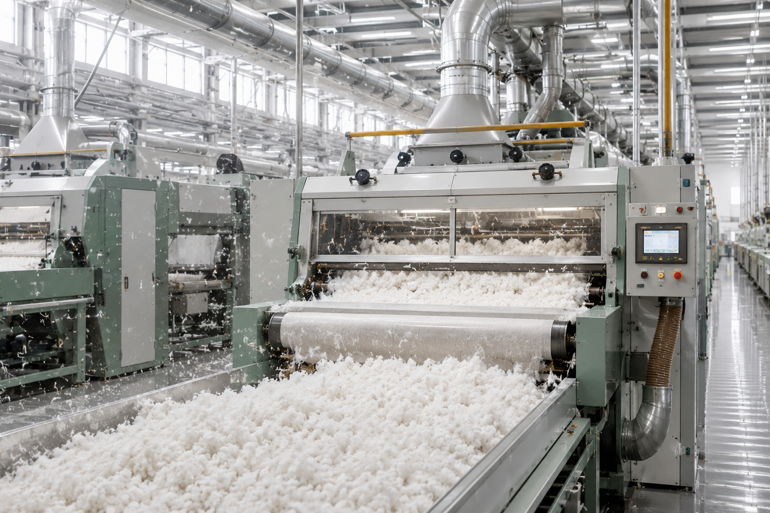 Cotton Fiber Opening and Cleaning Stage Cotton fibers being cleaned and processed through industrial textile machinery before carding.