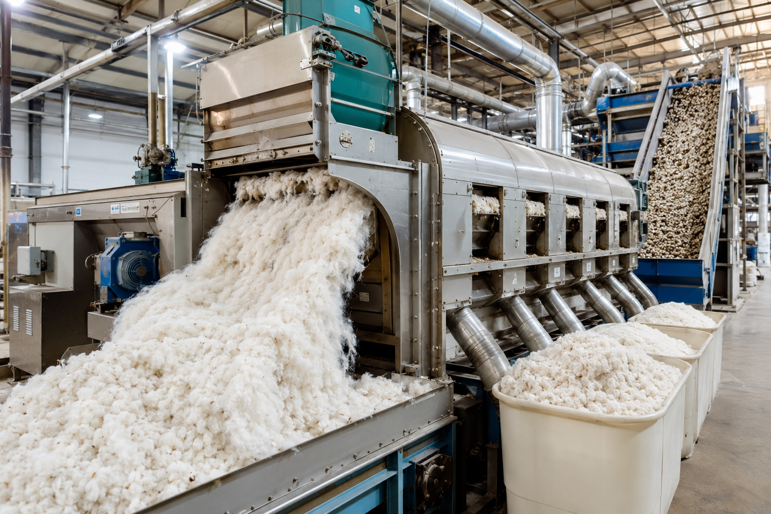 Cotton Ginning and Fiber Separation Process Industrial cotton ginning machinery separating cotton fibers from seeds before textile processing.