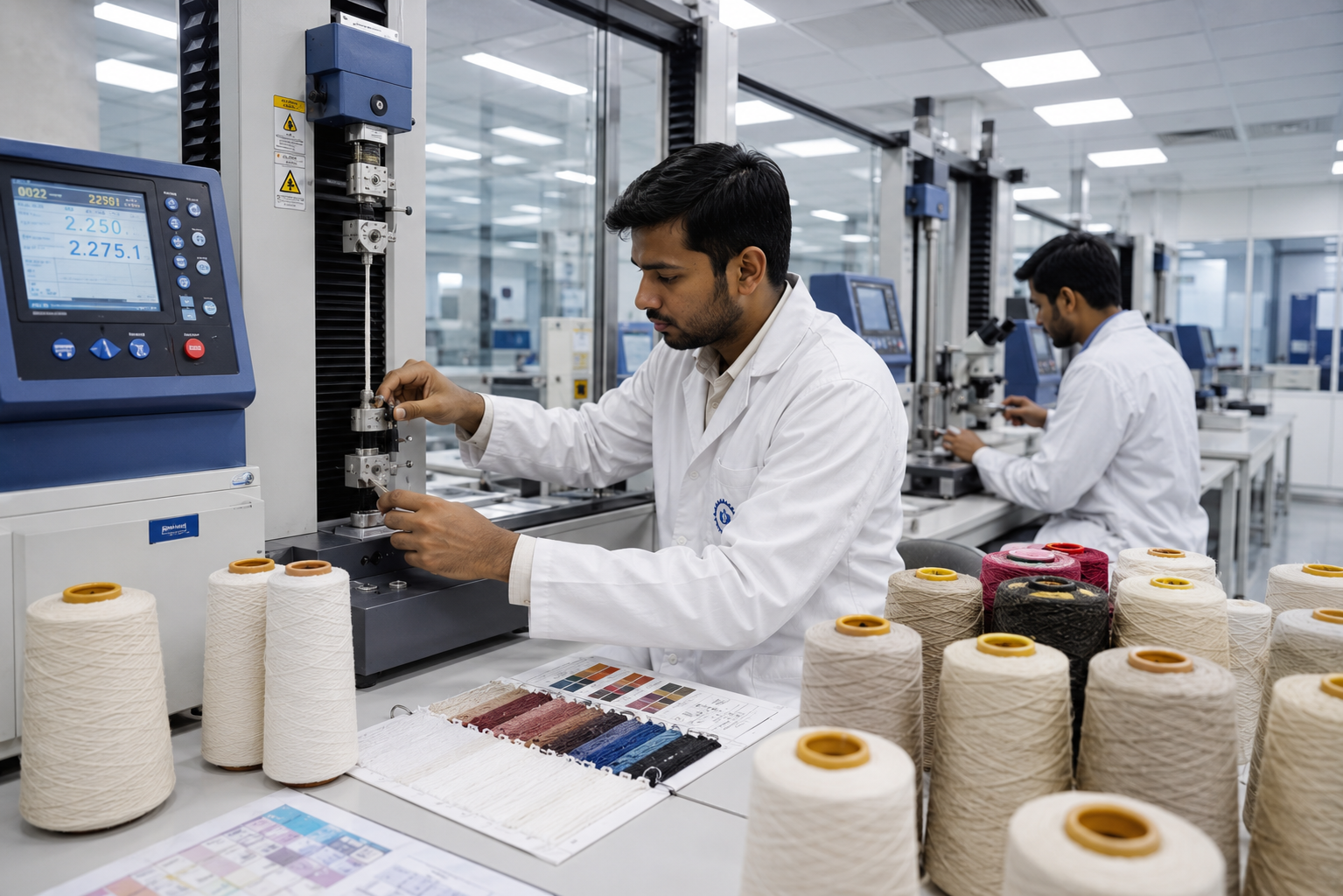 Cotton Thread Quality Inspection Laboratory Textile engineers testing cotton thread strength, evenness, and quality using laboratory equipment.