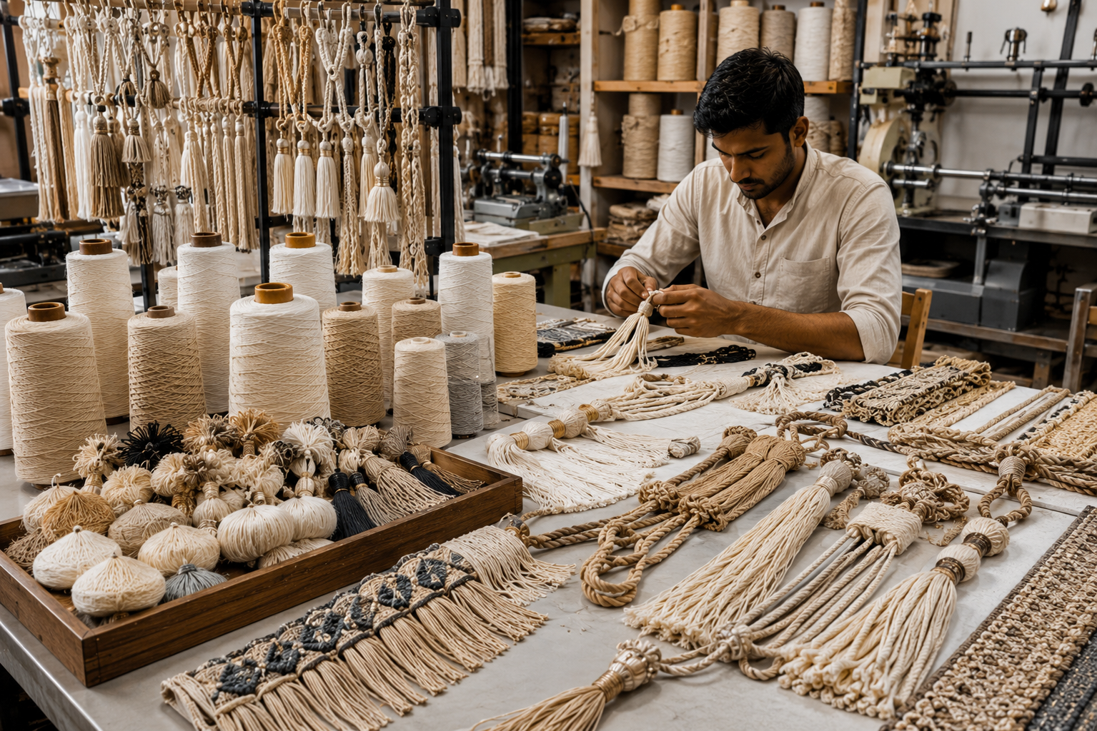 Cotton Threads in Decorative Trim Manufacturing Premium cotton threads used to create tassels, curtain tiebacks, fringes, braided cords, and macrame accessories.
