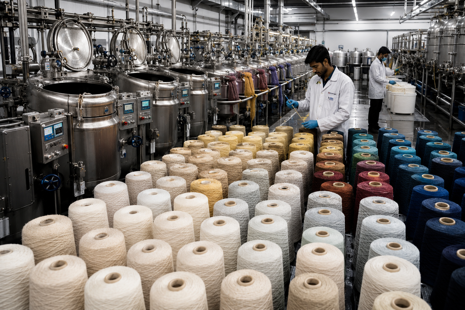 Cotton Yarn Dyeing and Finishing Operations Colored cotton yarn cones undergoing dyeing and finishing processes in a textile manufacturing plant.