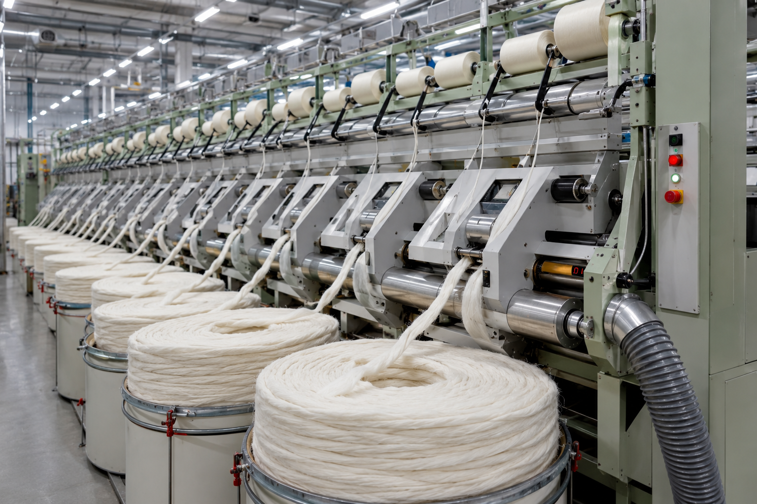 Drawing and Roving Preparation for Spinning Cotton slivers being drafted and blended into rovings before spinning into yarn.