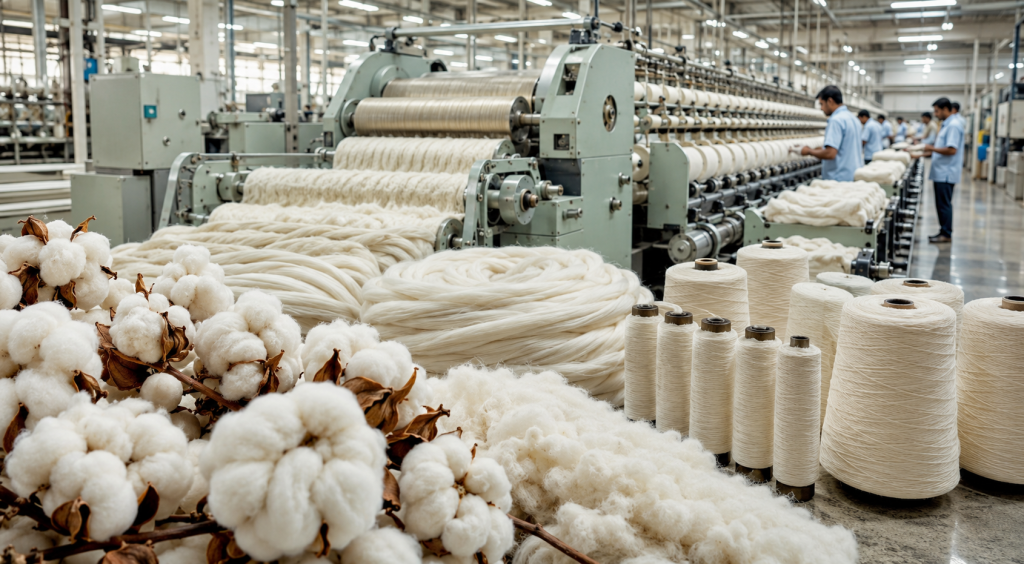 Cotton thread manufacturing process showing raw cotton, spinning machinery, yarn production, and finished cotton thread cones in a modern textile factory.