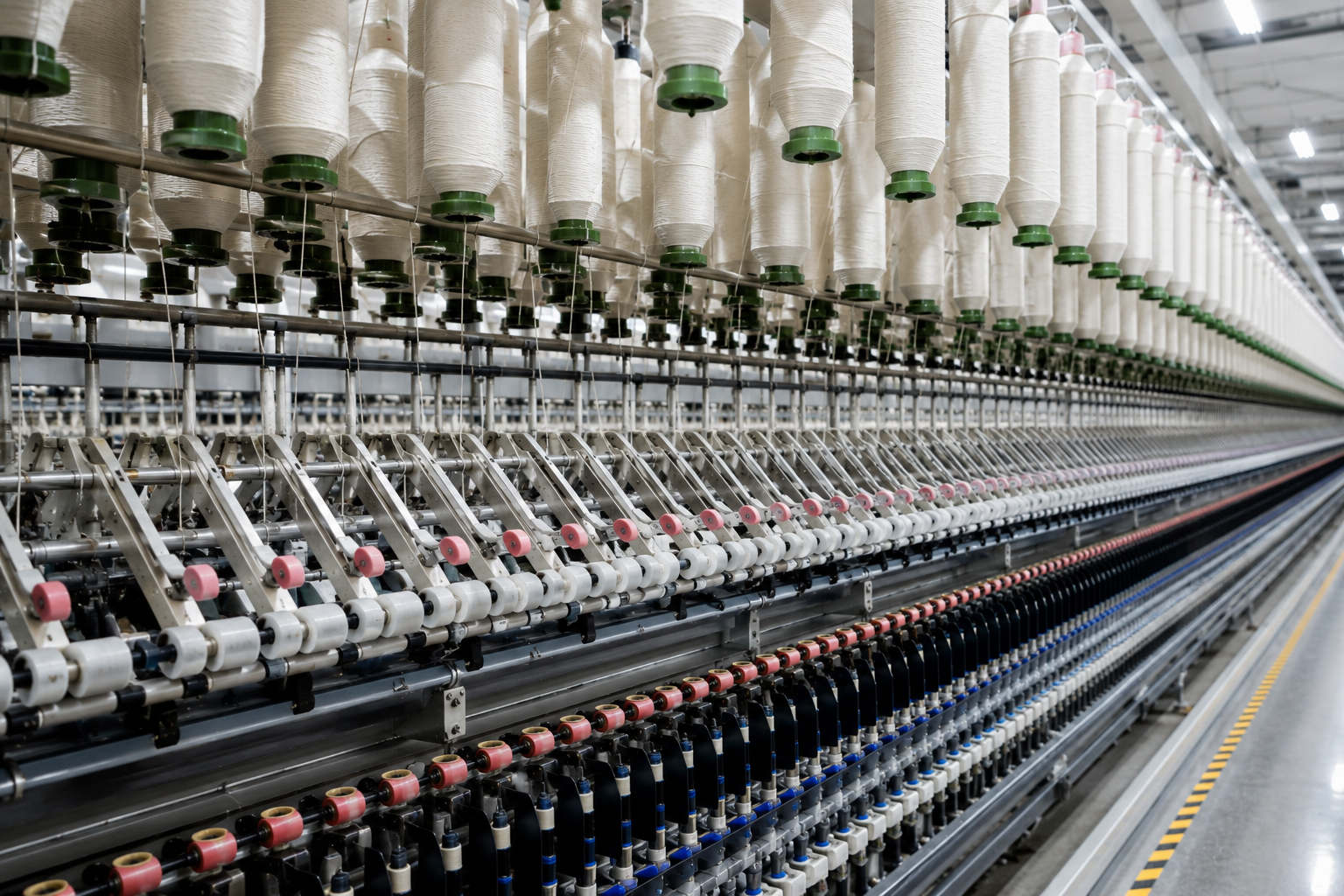 Industrial Ring Spinning for Cotton Thread Production Modern ring spinning machines producing cotton yarn in a large-scale textile manufacturing facility.