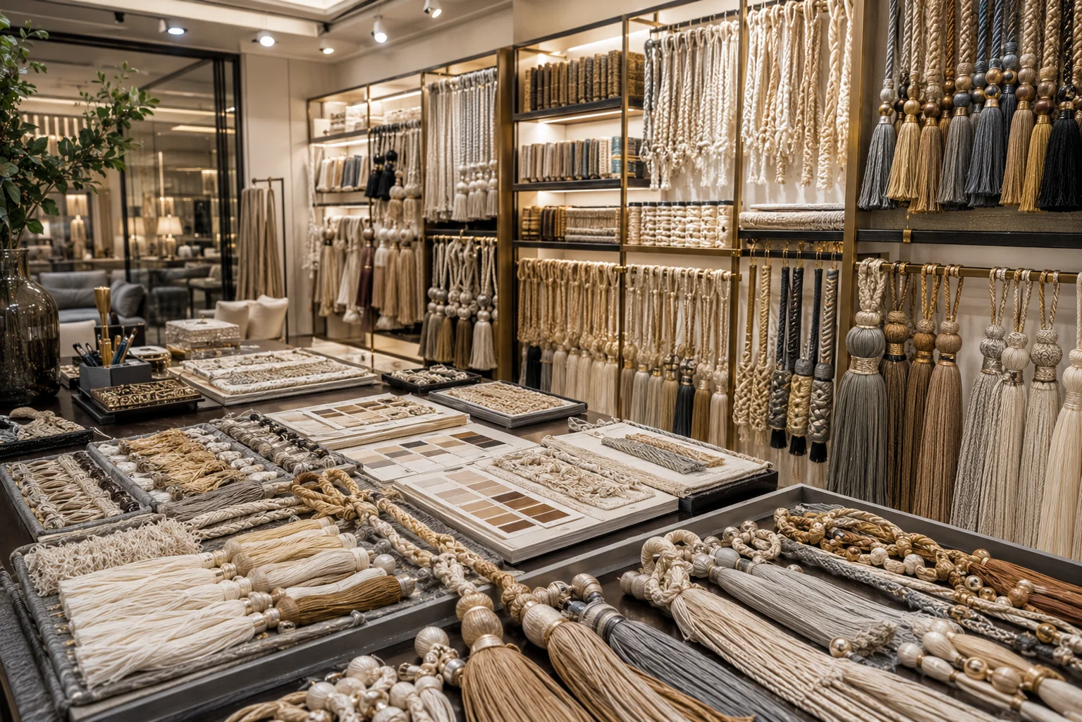 Wholesale Decorative Trim Manufacturing and Export Luxury decorative textile trims including tassels, tiebacks, fringes, and braided cords displayed in a professional showroom.