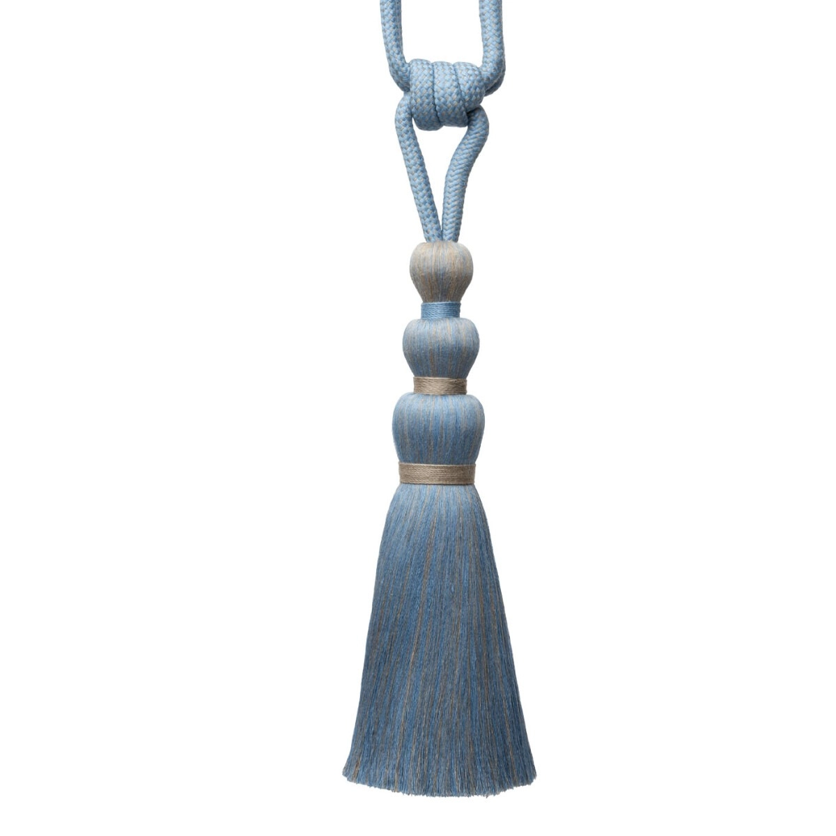 Dusty blue curtain tieback tassel with elegant wooden beadwork