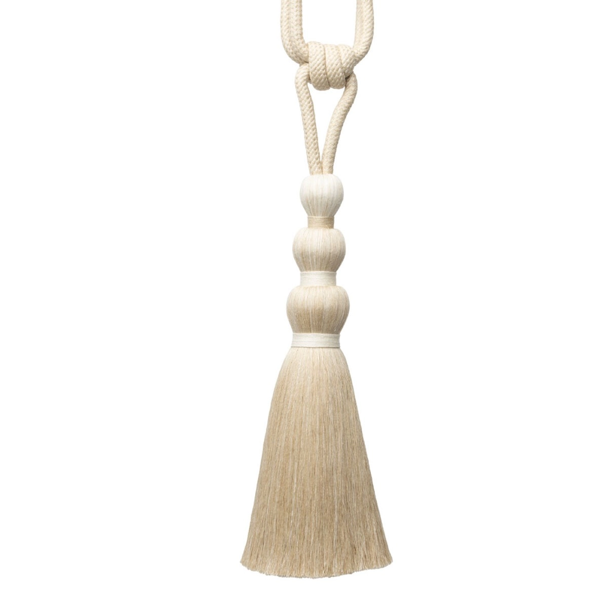 Off-white curtain tieback tassel with turned wooden bead design