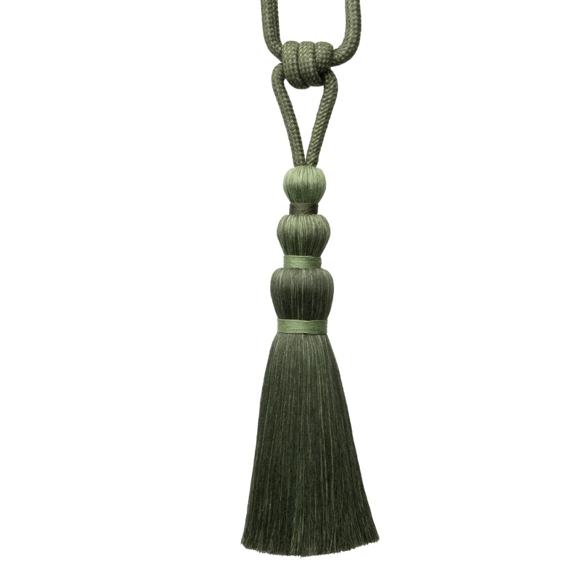 Olive green curtain tieback tassel with matte texture and bold knots