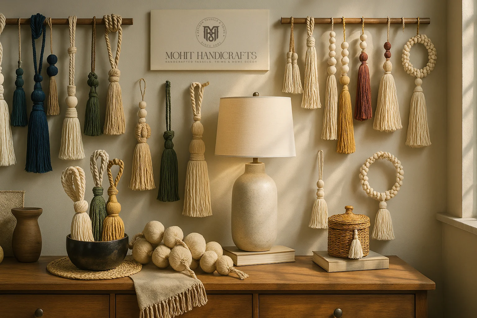A curated display of handcrafted tassels, tie-backs, and trims by Mohit Handicrafts, elegantly arranged in a home decor setting with natural lighting.
