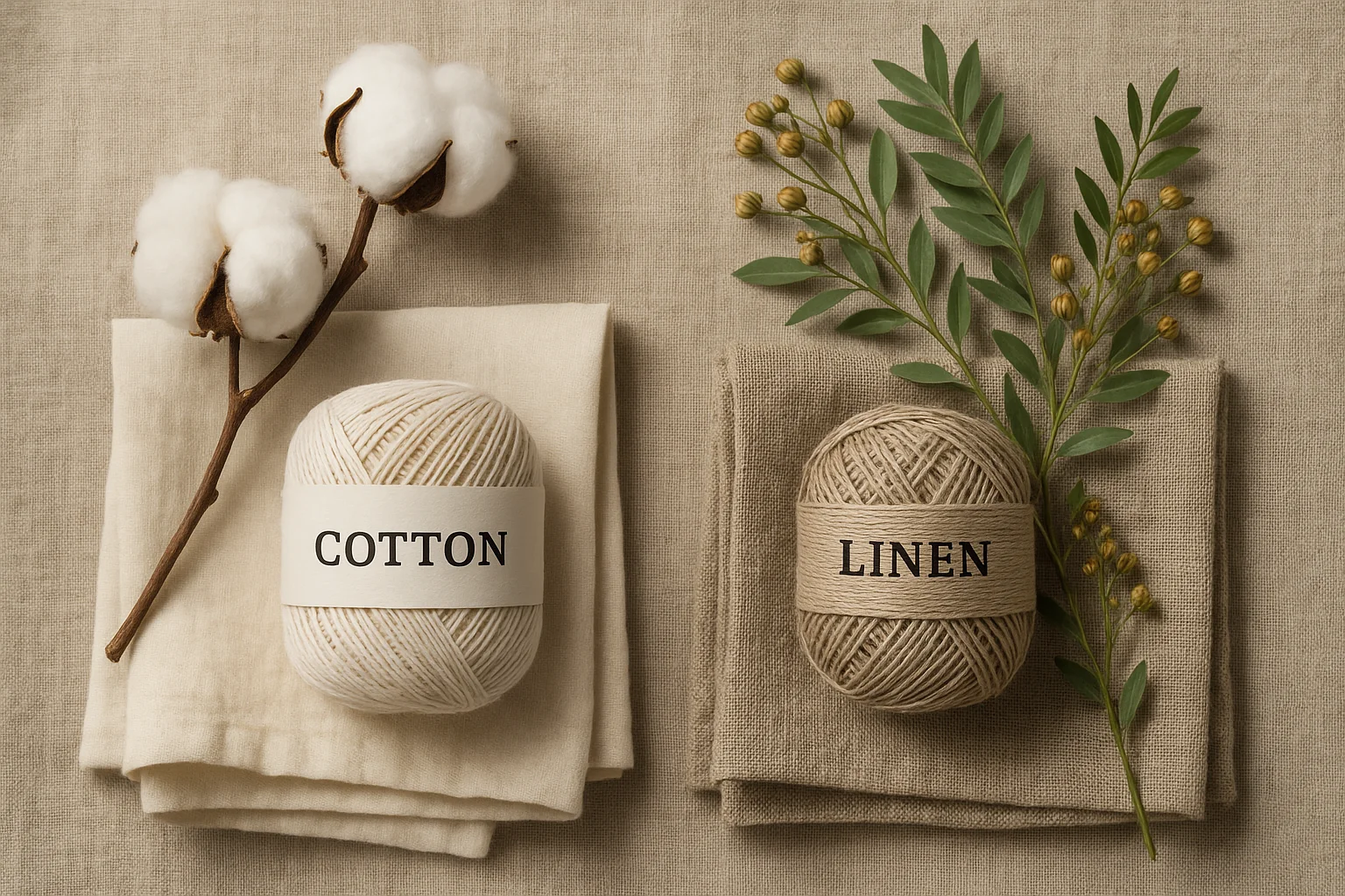 Cotton vs linen yarn balls with fabric swatches and plant branches