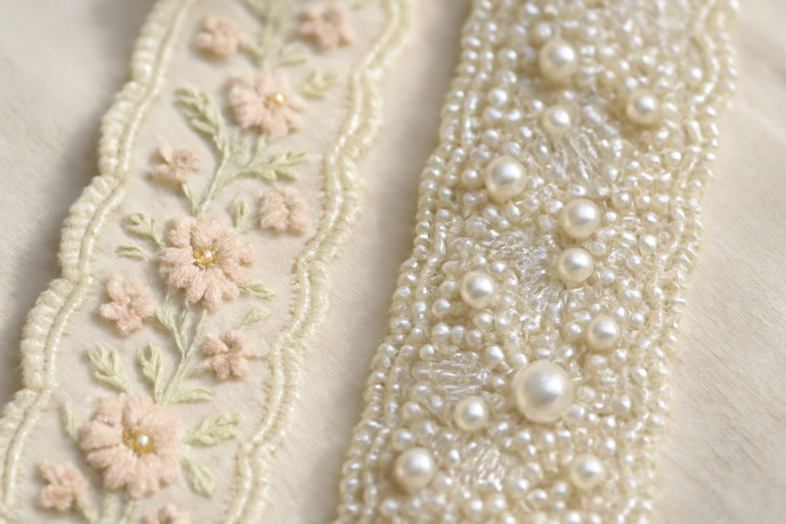 Close-up of embroidered lace and beaded trim with pearls, showcasing intricate craftsmanship.